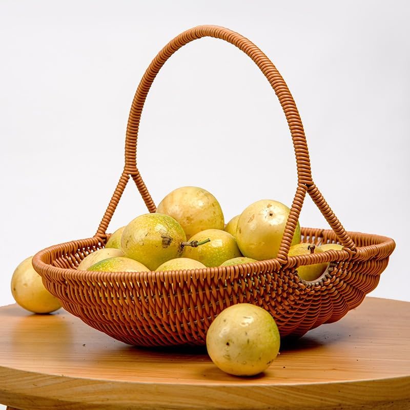 Plastic Imitation Rattan Woven Hand Basket Outdoor Picnic Picking Vegetables and Fruits Kitchen Living Room Egg Snack Basket (Yellow2,29.5x24.5cm) - Image 4