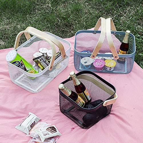 Mesh Steel Storage Organizer Basket Fruit Basket Bin with Wood Handle Ideal for Kitchen Bathroom Picnic Baskets Pantry Cabinets Storage Home Decor (Cold Gray) - Image 5