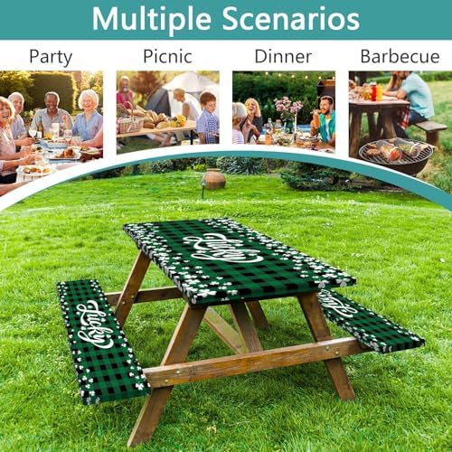 St. Patrick's Day Picnic Table Cover with Bench Covers, Camping Essentials, Buffalo Plaid Shamrock Lucky Outdoor Table Covers, Waterproof, Fitted Tablecloth Cover with Elastic Edge, 3 PCS, 30x72 Inch - Image 5