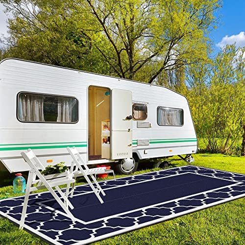 GENIMO Outdoor Rug, Waterproof Plastic Rugs 9'x18' for Camping Blue White - Image 2