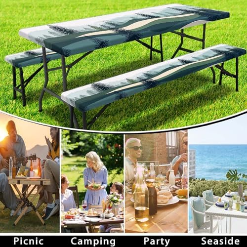 Picnic Table Cover with Bench Covers, Green Blue Camping Tablecloth Waterproof Windproof, Fitted Tablecloth Cover with Elastic Edge, for Indoor & Outdoor, Garden, Camping, 3 Pieces Set, 30x60 Inch - Image 5