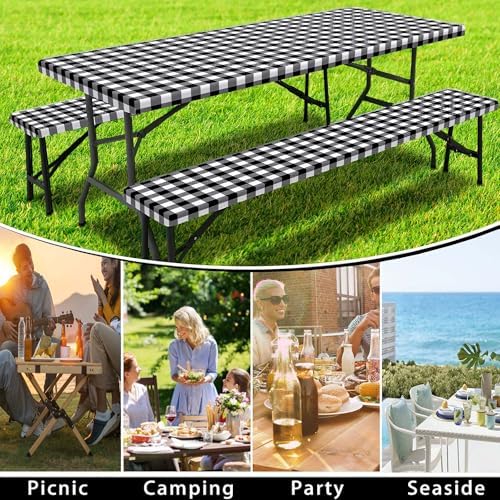 Picnic Table Cover with Bench Covers, Black and White Checkered Waterproof and Windproof, Fitted Tablecloth Cover with Elastic Edge, for Outdoor, Garden, Camping, 3 Pieces Set, 30x60 Inch - Image 5