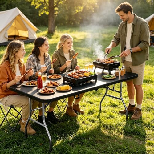 HKLGorg 8ft Folding Table, Black Plastic Foldable Party Dining Table - Image 2