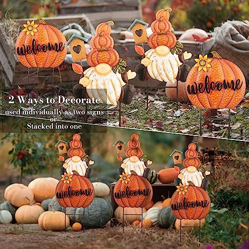 TERESA'S COLLECTIONS Fall Outdoor Decor, Gnomes Decorations for Yard, Metal Pumpkin Fall Garden Decorations, Welcome Signs Stakes, Thanksgiving Orange Autumn Decor for Lawn Patio, 23" - Image 5