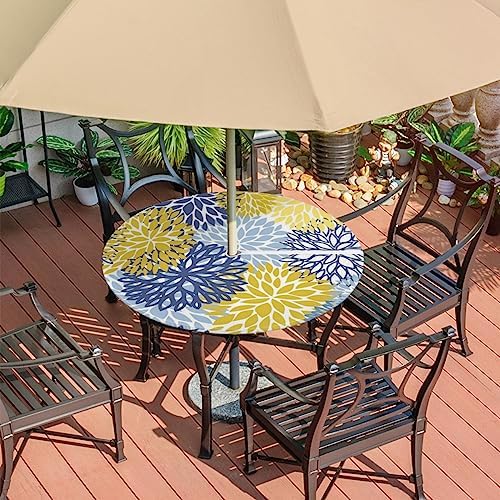 Fitted Round Tablecloth with Umbrella Hole and Zipper Spring Floral Outdoor Elastic Table Cloth 36"-44" Oil-Proof Waterproof Yellow Navy Chrysanthemum Patio Table Cover for Picnic Party - Image 7