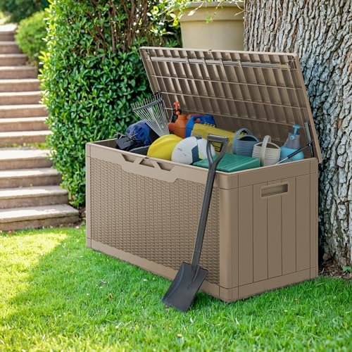 Greesum 100 Gallon Resin Deck Box Outdoor Storage with Cushion, Coffee - Image 6