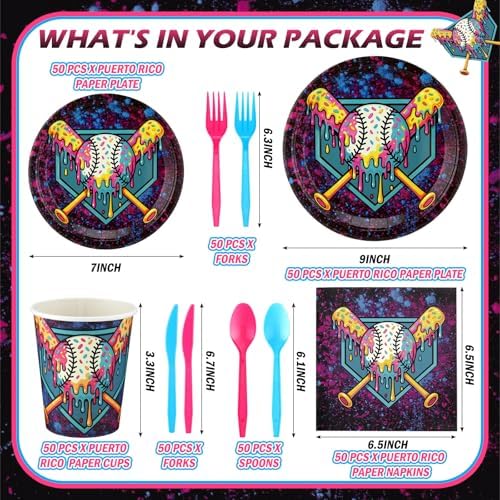 FoldTier 350 Pcs Black Ice Cream Drip Baseball Birthday Party Decorations Set Ice Cream Paper Plates Napkins Fork Set Disposable Fairy Tableware Decorations Supplies for Baby Shower Dinner Serves 50 - Image 3