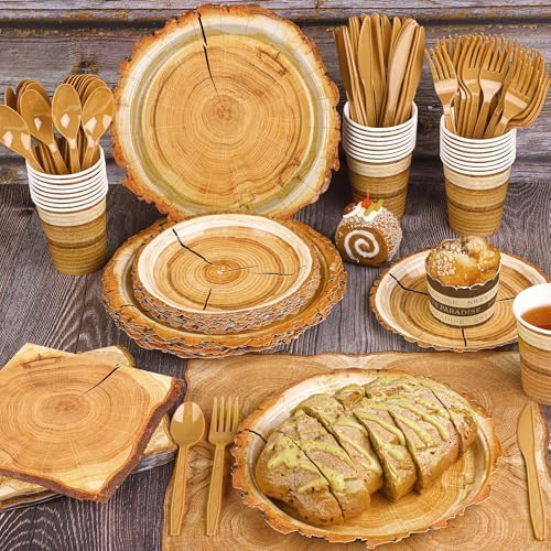 Kochorie 175 Pieces Rustic Wood Slice Party Supplies Camping Wood Grain Slice Tableware Set 7 Inch and 9 Inch Paper Plates Napkins Cups Cutlery for Hunting Birthday Party Decorations, Serve 25 Guests - Image 5