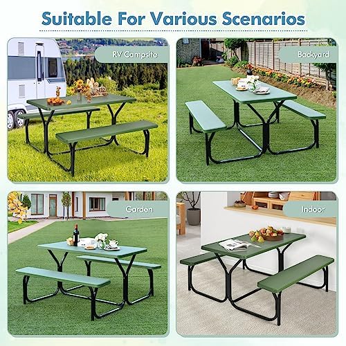 ORALNER Picnic Table, Resin Dining Table & 2 Benches Set, Weather Resistant Wood Grain Plastic Tabletop & Steel Frame, Picnic Tables for Outdoors, Porch Yard Patio Lawn Party Camping (Green) - Image 6