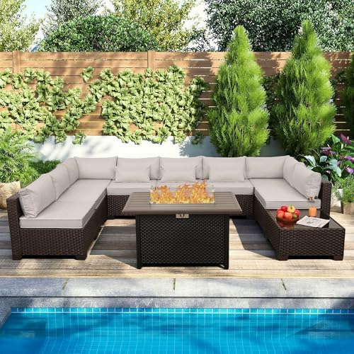 Rattaner 10 Pieces Outdoor Sectional All-Weather Wicker Patio Furniture Set Patio Sectional and Steel Fire Table and Glass Patio Table Non-Slip Cushions and Waterproof Covers, Beige - Image 2
