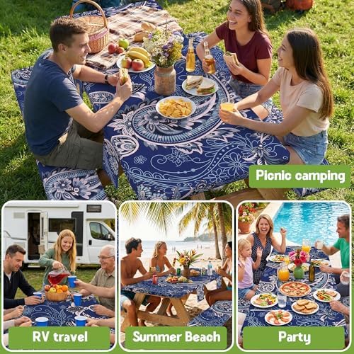 Picnic Table Cover with Bench Covers Waterproof Elastic Rectangle Reusable Folding Tablecloth Manteles Mantelería Camping Essentials Rv Car Travel Supplies Table Cloth Outdoor Road Trip Camper Gifts - Image 6