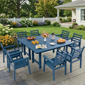 10-Piece Outdoor Dining Set, All-Weather HDPE Patio Furniture, Two 66.5" Slatted Table with 1.6" Umbrella Hole & 8 Ergonomic Armchairs, Heavy Duty 350lbs Capacity, UV Resistant, Blue by Unknown