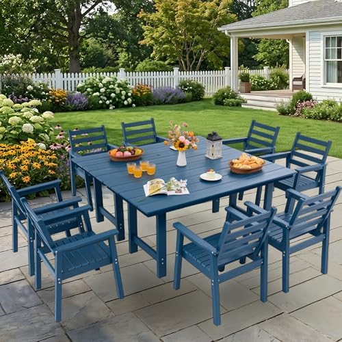10-Piece Outdoor Dining Set, All-Weather HDPE Patio Furniture, Two 66.5" Slatted Table with 1.6" Umbrella Hole & 8 Ergonomic Armchairs, Heavy Duty 350lbs Capacity, UV Resistant, Blue by Unknown