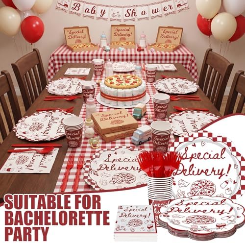 Zubebe 175 Pcs Special Delivery Pizza Baby Shower Tableware Set Serves 25 - Image 4