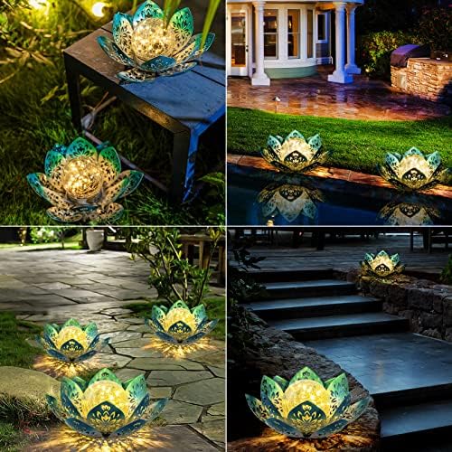 Huaxu Solar Lights Outdoor Decorative - Bright Blue Lotus Flower Table Lamp, Glass Globe 30 LED Waterproof Metal Decorations Gifts for Mom Women Garden Patio Pathway Yard Balcony Outside Decor - Image 6