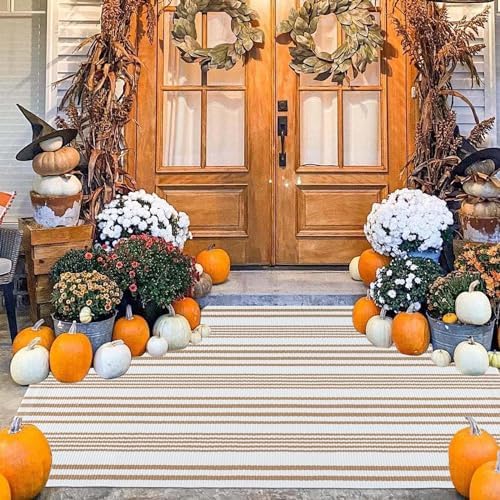 Fall 3'x 5'Outdoor Rug,Khaki White Striped Front Porch Mat Indoor Area Rug - Image 5
