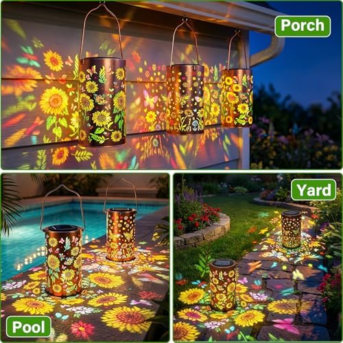 2Pack Colorful Solar Lanterns Outdoor Waterproof, Garden Decor Gifts for Women Mom Grandma - LED Sunflower and Butterfly Solar Powered Lights Metal Hanging Lantern for Outside Garden Patio Yard Porch - Image 5