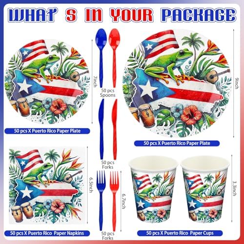 FoldTier 350 Pcs Puerto Rico Party Decoration Disposable Paper Plates Napkin Cup Puerto Rico Latin Birthday Tableware Tropical Fiesta Flag Coqui Frog for Summer Bachelorette Pool Party Serve 50 Guests - Image 3