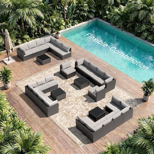 Patio Furniture Set - All-Weather - 7 Piece Patio Outdoor Conversation Set, Modular Wicker Rattan Sectional Sofa for Backyard, Garden, Poolside, Balcony, Porch, Patio,Black/Light Gray - Image 6