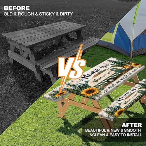 Picnic Table Cover with Bench Covers Camping Essentials Green Checkered RV Forest Sunflower Wooden Outdoor Table Covers with Elastic Waterproof Camping Tablecloth for Indoor & Outdoor 3 PCS 30x60 Inch - Image 4