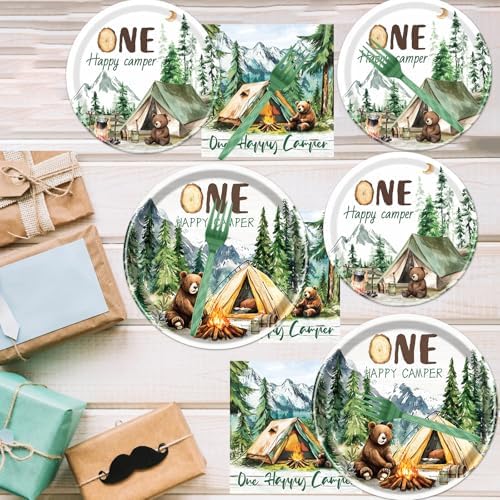 Happy One Camper Birthday Decorations Supplies, 96PCS Camping 1st Party Plates and Napkins Set, Disposable Adventure Tableware(Serve 24 Guests) - Image 6