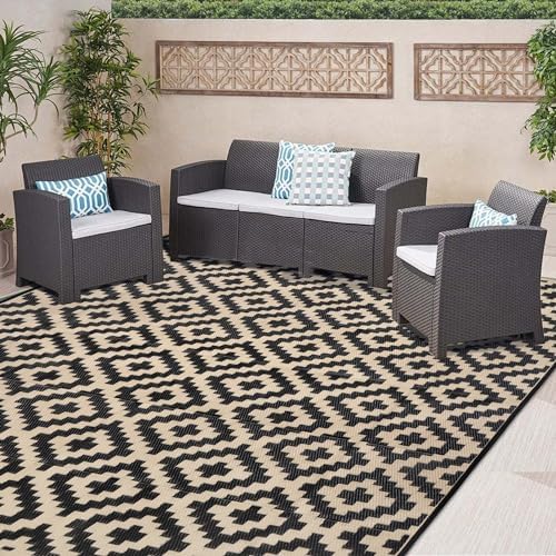 SAND MINE Waterproof Outdoor Rug 8x8 ft, Plastic Reversible Rug, Modern Area Rug, Large Floor Mat for Outdoors, RV, Patio, Backyard, Deck, Picnic, Beach, Camping, Black & Beige by SANDMIND