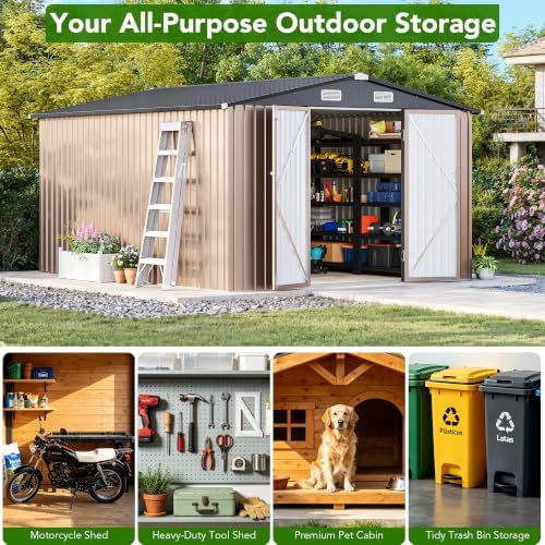 MXV 12 x 10FT Outdoor Storage Shed, Metal Garden Shed with Windows, Double Lockable Doors & Sloped Roof, Waterproof Tool Sheds for Backyard Garden Patio Lawn, Brown - Image 7