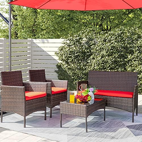 Greesum Patio Furniture 4 Pieces Conversation Sets,Brown and Red - Image 2