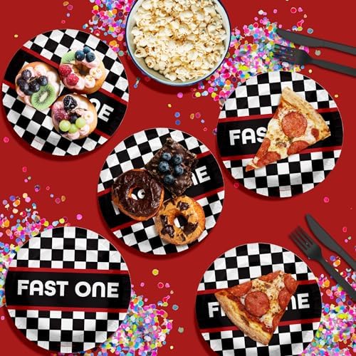 Fast One Racing First Birthday - 32 Piece Disposable Party Supplies - Decorations for Race Car Boy's 1st Birthday Round Party Plates - Large 9" Paper Plates In Bulk - Image 4