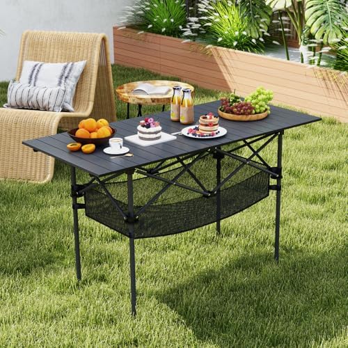 GIANTEX Folding Camping Table, Portable Picnic Table w/Aluminum Roll-up Tabletop & Mesh Basket, Outdoor Lightweight Table w/Carrying Bag for Backyard, Beach, Fishing, BBQ, Patio (47"x22"x27",Black) - Image 7