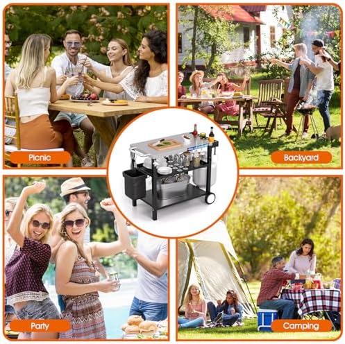 Grill Table, Stainless Steel Grill Cart with Three-Shelf, Movable Pizza Oven Table with Side Tray ＆ Trash Bag Holder, Outdoor Grill Stand with Hooks for Food Prep, Outside Tailgating, Camping - Image 6