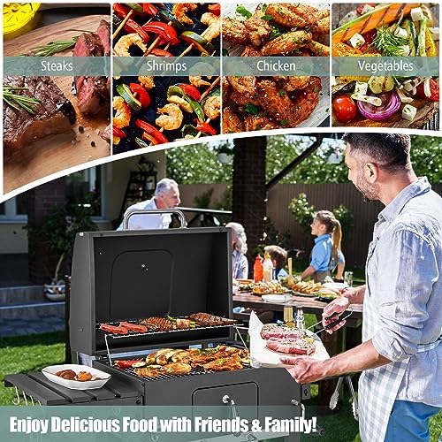 Giantex Charcoal Grill 24 inch, BBQ Grill with 2 Foldable Side Table, Adjustable Charcoal Tray, Pull-out Ash Tray, Heavy Duty Barbecue Grill with Wheels for Outdoor Cooking Camping Backyard Party - Image 7