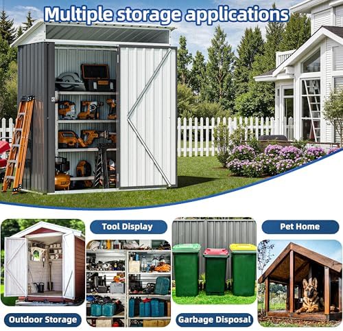 JY QAQA 5x3 FT Outdoor Garden Storage Shed, Waterproof Metal Garden Sheds with Window and Lockable Double Door, Weather Resistant Steel Tool Storage House Shed for Patio, Lawn Dark Gray - Image 4