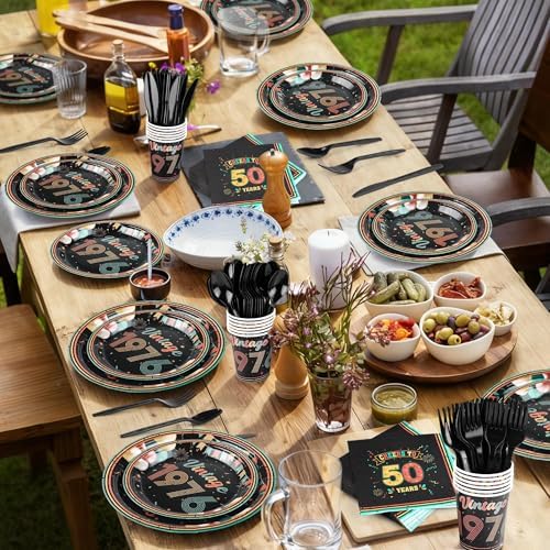 Kochorie 175 Pieces Vintage 50th Birthday Party Supplies Cheers to 50 Years Birthday Party Table Decoration Back in 1976 Tableware Set 7 Inch & 9 Inch Paper Plates Napkins Cups Cutlery Serves 25 - Image 5
