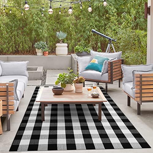 IOHOUZE 5x7 Buffalo Plaid Area Rug, Washable Indoor Outdoor, Black White - Image 2