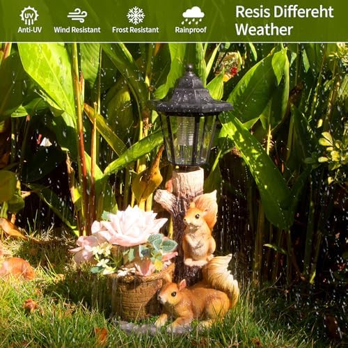 Solar Squirrels Outdoor Statues, Garden Sculpture with Flowerpot & Lantern - Image 6