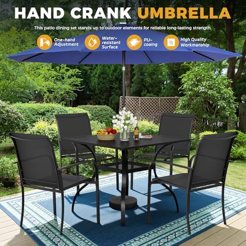 Incbruce 6 Pieces Patio Dining Set with Dark Blue Umbrella, Outdoor Dining Set of 4 Textilene Chairs and Square Table with Umbrella Hole for Backyard, Garden, and Poolside (Black) - Image 6