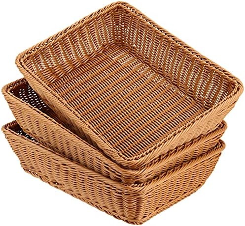 FUNSUEI 3 Pack 15.6 x 11.8 x 3.4 Inches Rectangular Poly Wicker Bread Baskets for Serving, Food Serving Baskets, Handmade Woven Pantry Organizer for Storing Bread, Vegetables, Fruits and Snacks, Brown by FUNSUEI