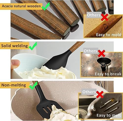 Silicone Cooking Utensil Set, Umite Chef 8-Piece Kitchen Utensils Set with Natural Acacia Wooden Handles,Food-Grade-Silicone Kitchen Gadgets Spatulas Set for Nonstick Cookware- Black - Image 6