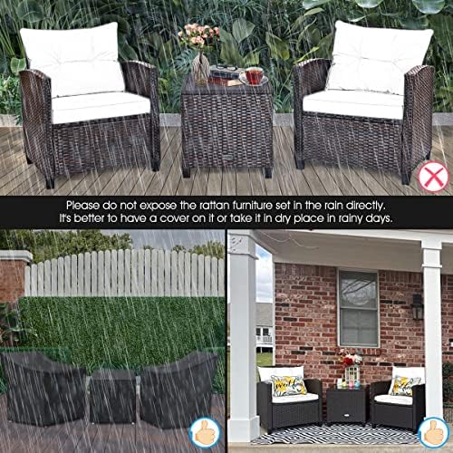 Tangkula 3 Pieces Patio Furniture Set, PE Rattan Wicker 3 Pcs Outdoor Sofa Set w/Washable Cushion and Tempered Glass Tabletop, Conversation Furniture for Garden Poolside Balcony (Blue) - Image 6