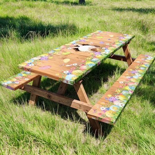 Easter Picnic Table Cover with Bench Covers, Cute Bunny Flower Brown Wooden Board Camping Tablecloth, Waterproof Windproof, Fitted Tablecloth Cover with Elastic Edge, for Outdoor, 3 PCS, 30x96 Inch - Image 2