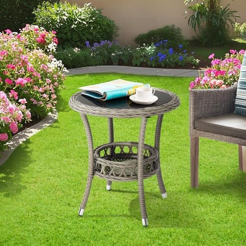 VINGLI Outdoor Wicker Side Table, Patio Side Tables for Outside Tempered Glass Top Wicker Table with Storage End Table for Balcony Porch Deck (Grey) - Image 2