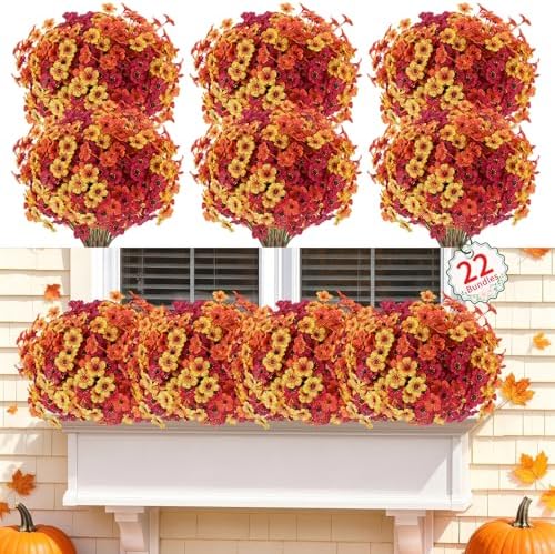 Powbrace 22 Pack Artificial Fall Flowers Mums for Outdoor Indoor(Fall Mix) by PowbraceArtificialFlowers