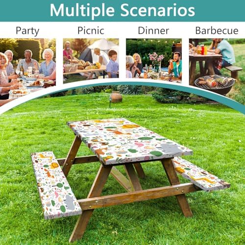 Picnic Table Cover with Bench Covers, Camping Essentials, Jungle Animal Cute Waterproof Windproof Camping Tablecloth, Fitted Tablecloth Cover with Elastic Edge for Indoor Outdoor 3 PCS 30x60 Inch - Image 3