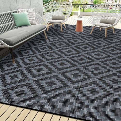 SAND MINE Waterproof Outdoor Rug 9x18 ft, Plastic Reversible Rug, Modern Area Rug, Large Floor Mat for Outdoors, RV, Patio, Backyard, Deck, Picnic, Beach, Camping, Black Grey Lattice by SANDMIND