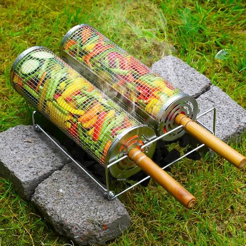 Rolling Grill Baskets (2PCS), Removable Wooden Handle, 304 Stainless Steel, Nesting Grilling Net, BBQ Accessories Tools for Vegetable Shrimp, Outdoor Cooking Camping, Birthday Gifts for Men/Dad/Husband (Mesh BBQ Cylinder Set (2 Pcs)) - Image 4