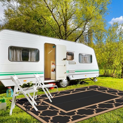 GENIMO Outdoor Rug, Waterproof Plastic Rugs 10'x14' for Camping Black Brown - Image 2