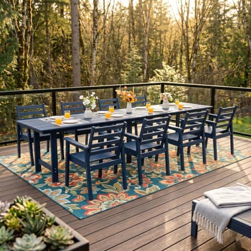 10-Piece Outdoor Dining Set, All-Weather HDPE Patio Furniture, Two 66.5" Slatted Table with 1.6" Umbrella Hole & 8 Ergonomic Armchairs, Heavy Duty 350lbs Capacity, UV Resistant, Blue - Image 2