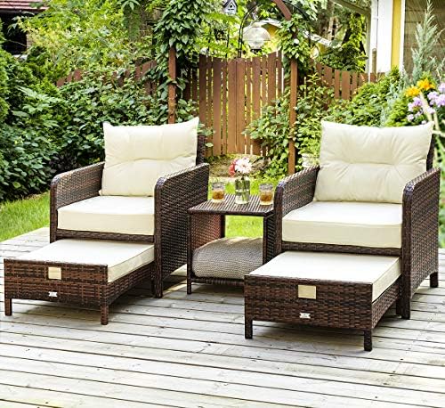 Pamapic 5 Pieces Patio Furniture Set, Rattan Balcony Furniture with Ottomans, PE Wicker Outdoor Patio Chairs Set with Coffee Table for Poolside, Porch, Lawn, Garden, Balcony(Beige) by Pamapic