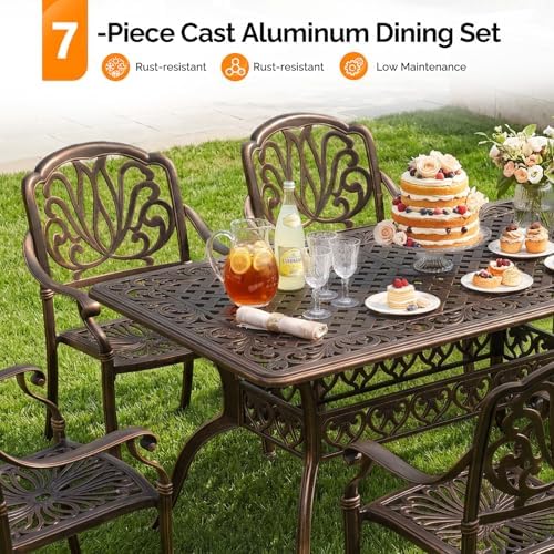 VINGLI 7-Piece Outdoor Dining Set, Cast Aluminum Patio Furniture Set for 6 with Umbrella Hole, Rectangular Outdoor Dining Table & 6 Stackable Chairs, All-Weather Garden/Poolside Dining Set Bronze - Image 6